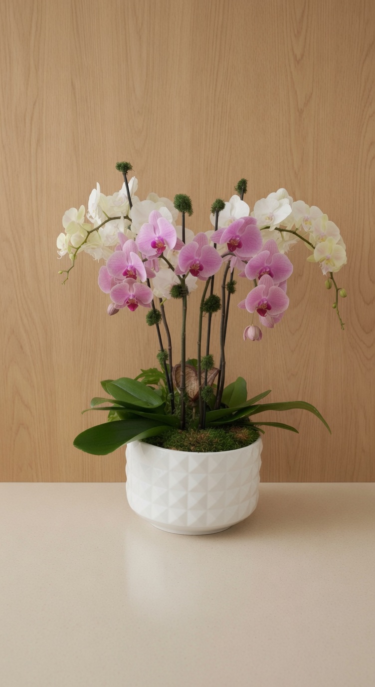 Blush phalaenopsis in a diamond-cut ceramic pot, wood-panel studio