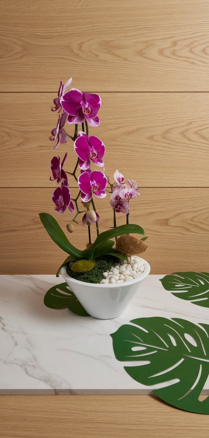 Fuchsia phalaenopsis in an angled pebble bowl, marble styled vignette