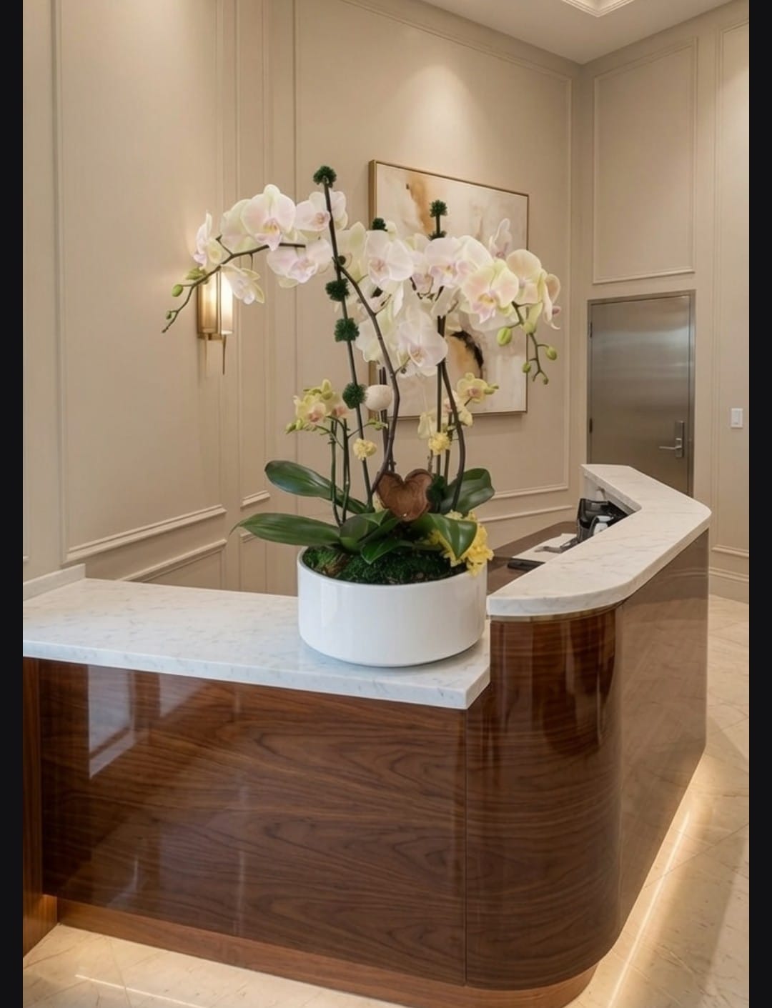 Blush phalaenopsis in a round white pot, reception lobby