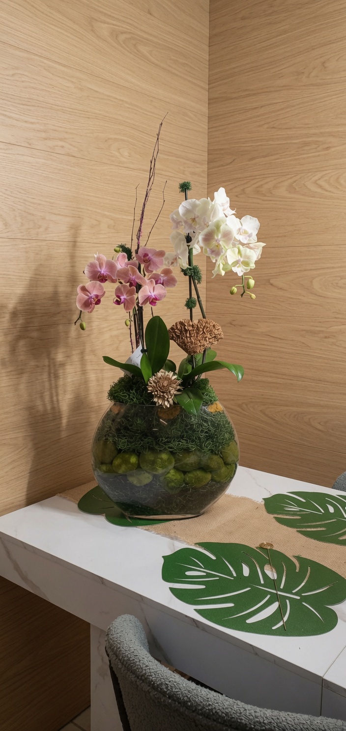 Blush and cream phalaenopsis in a glass stone bowl, marble corner display
