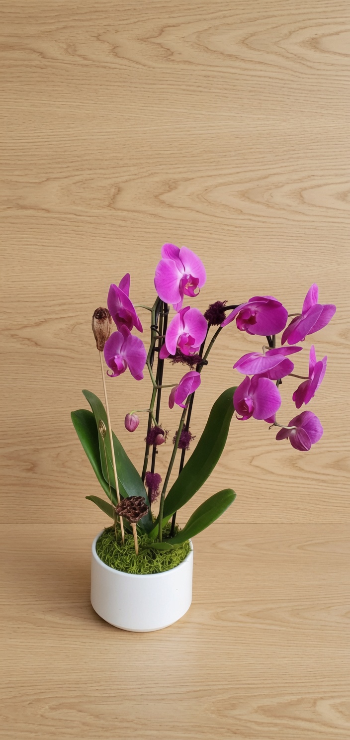 Magenta phalaenopsis in a petite white pot, wood-panel studio