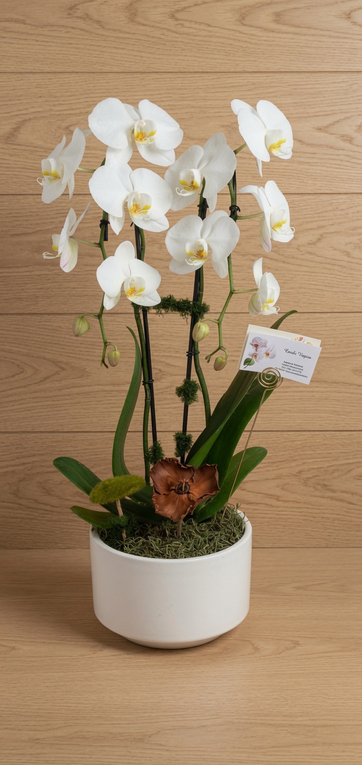 White phalaenopsis in a classic round pot, wood-panel studio