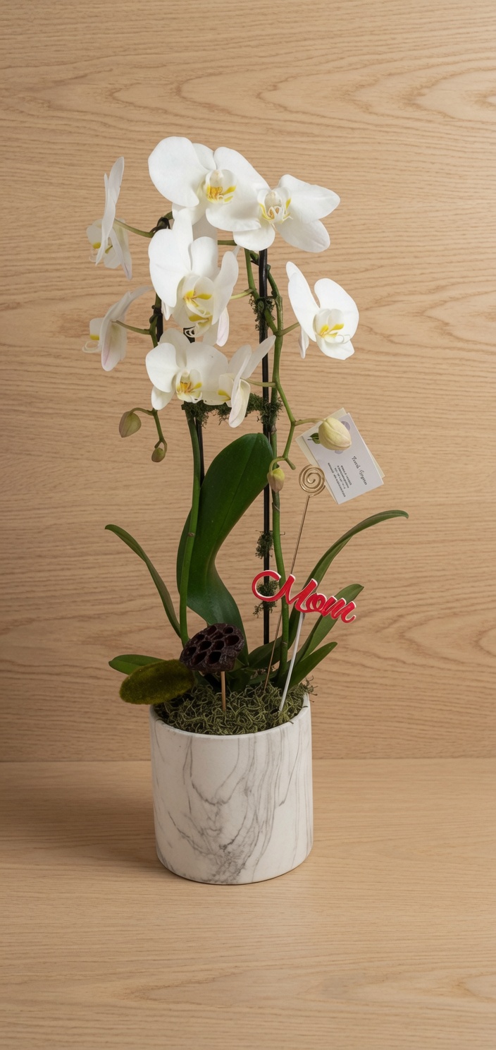 White phalaenopsis in a marble gift pot, wood-panel studio
