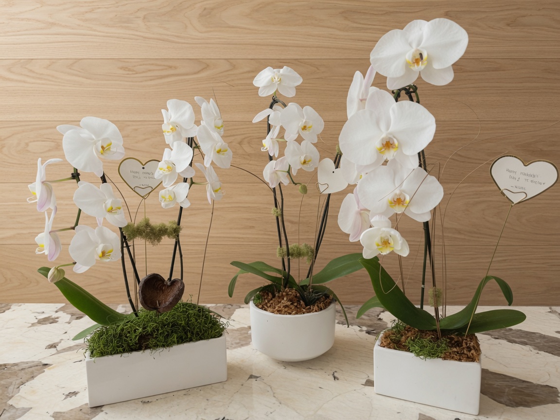 White phalaenopsis trio in ceramic planters with heart keepsake tags