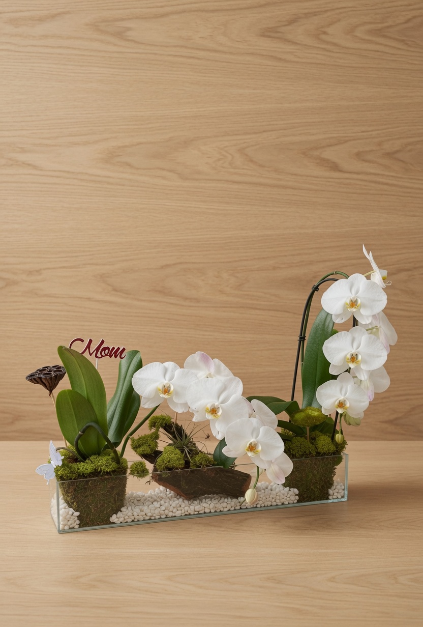 White phalaenopsis trio in a glass trough, wood-panel gift display