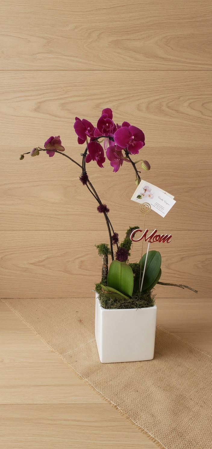 Magenta phalaenopsis in a white cube pot, wood-panel studio