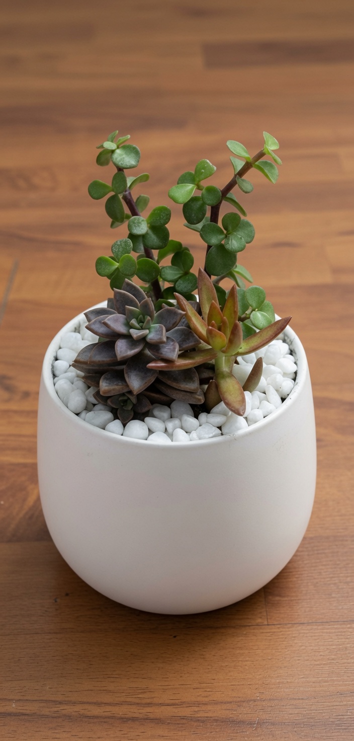 Mixed succulents in a rounded white pot, wood-panel studio