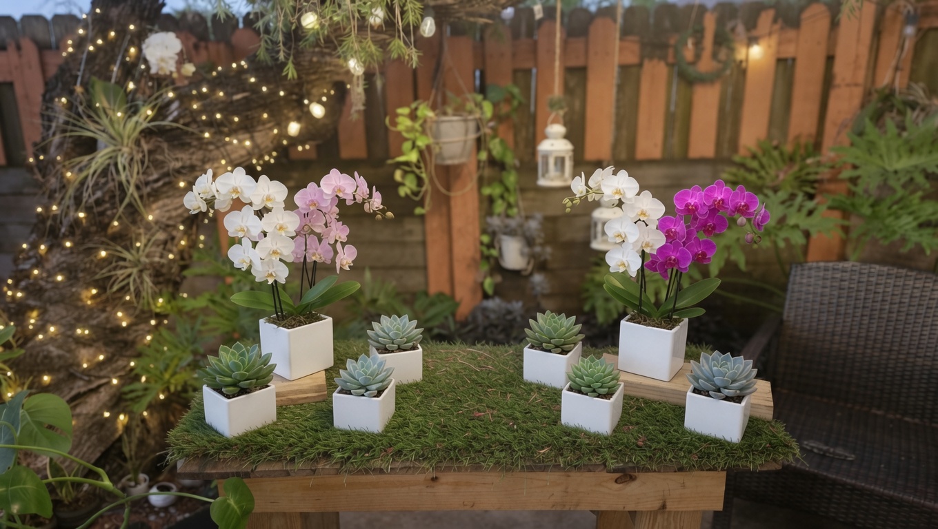 Orchids and succulent cube pots, backyard patio garden