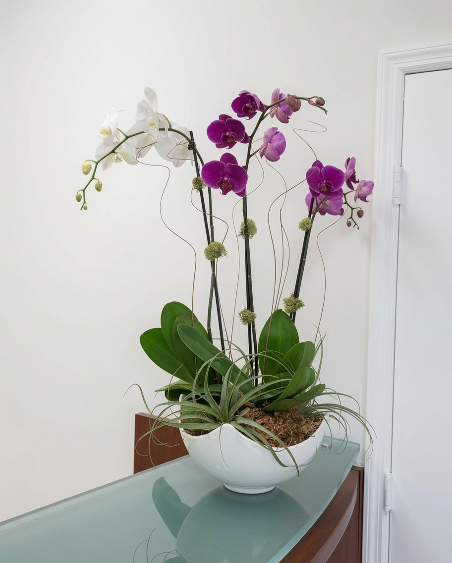 White and purple phalaenopsis in a white bowl, entryway console