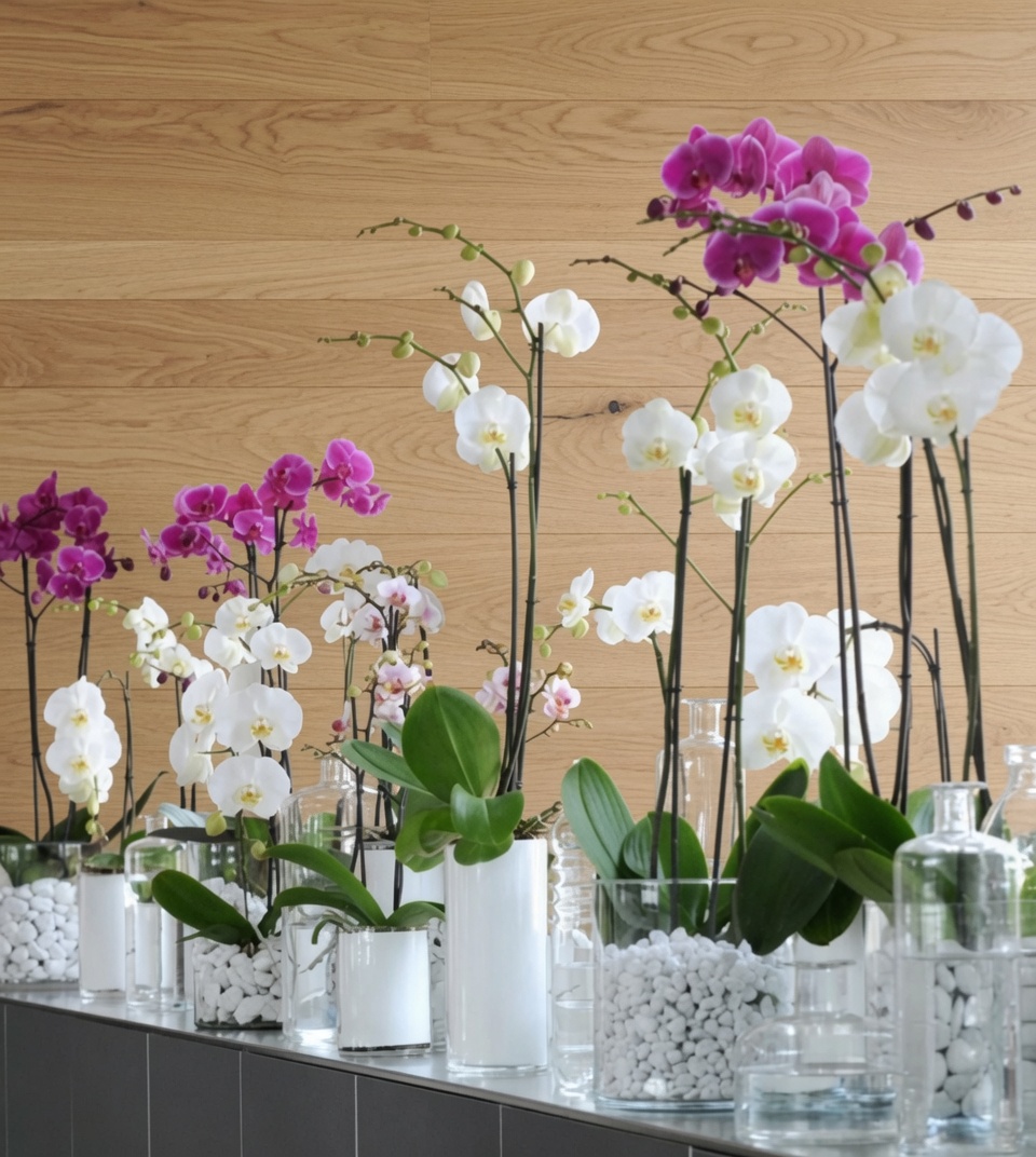 White and magenta phalaenopsis in glass vessels, wood-panel studio row