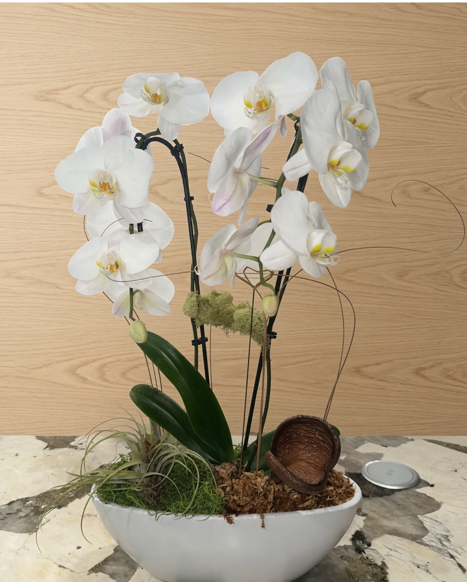 White phalaenopsis with an air plant accent, wood-panel studio