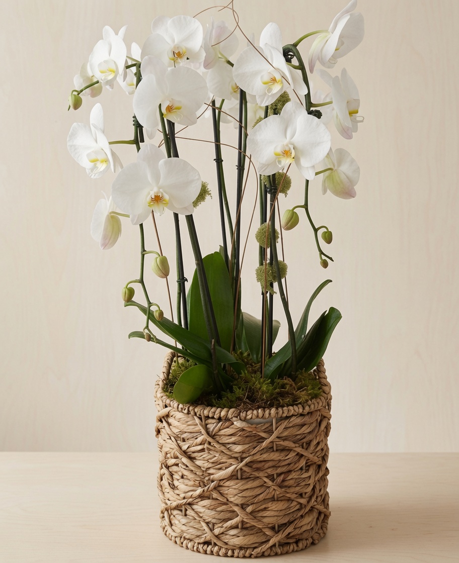 White phalaenopsis in a woven seagrass basket, wood-panel studio