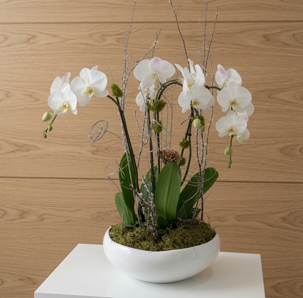 White phalaenopsis in a sculptural white bowl, wood-panel studio