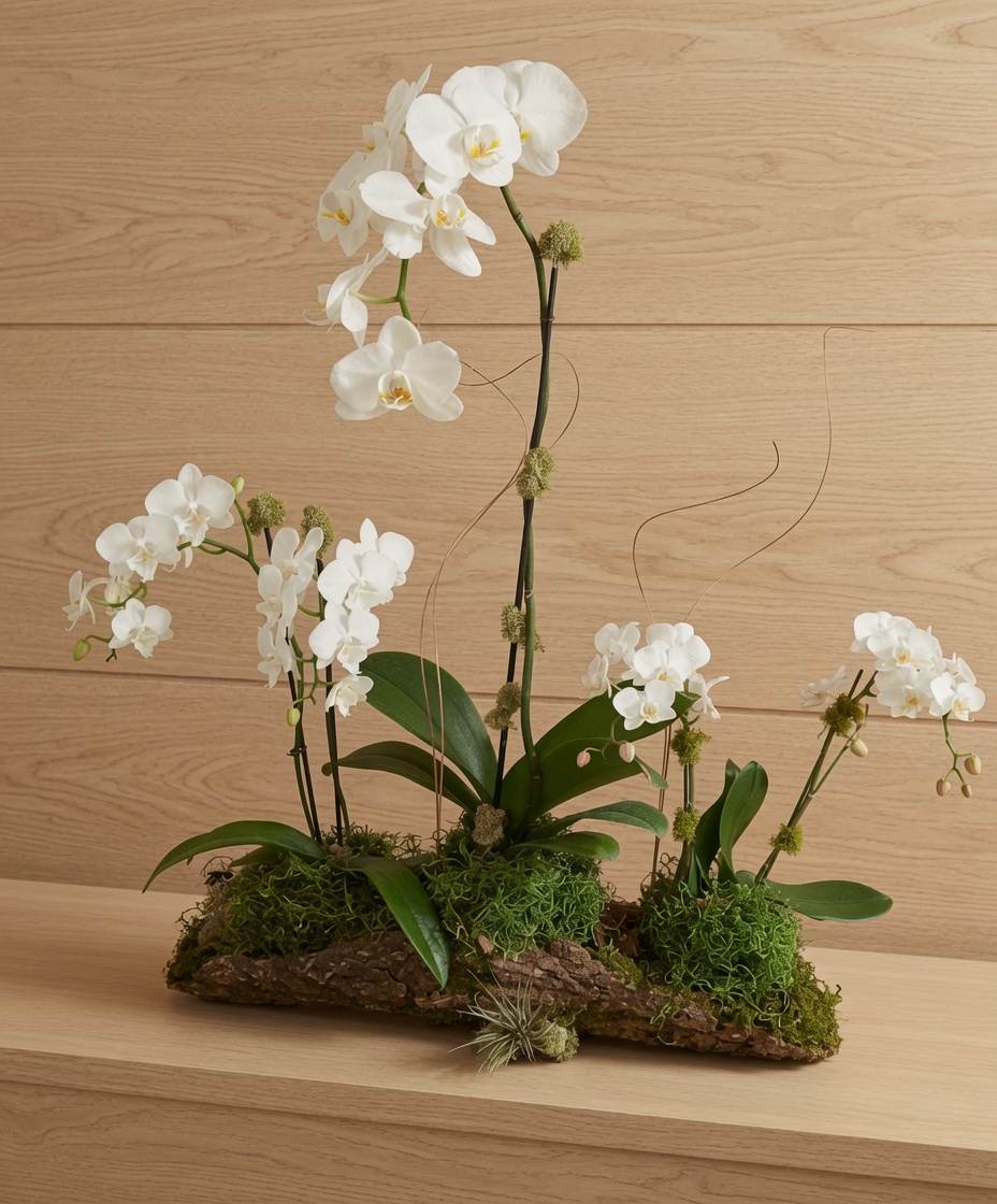 White phalaenopsis on a driftwood base, wood-panel studio