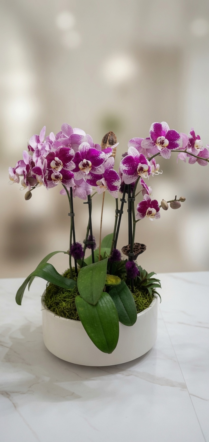 Magenta phalaenopsis in a round ceramic pot, bright lobby setting