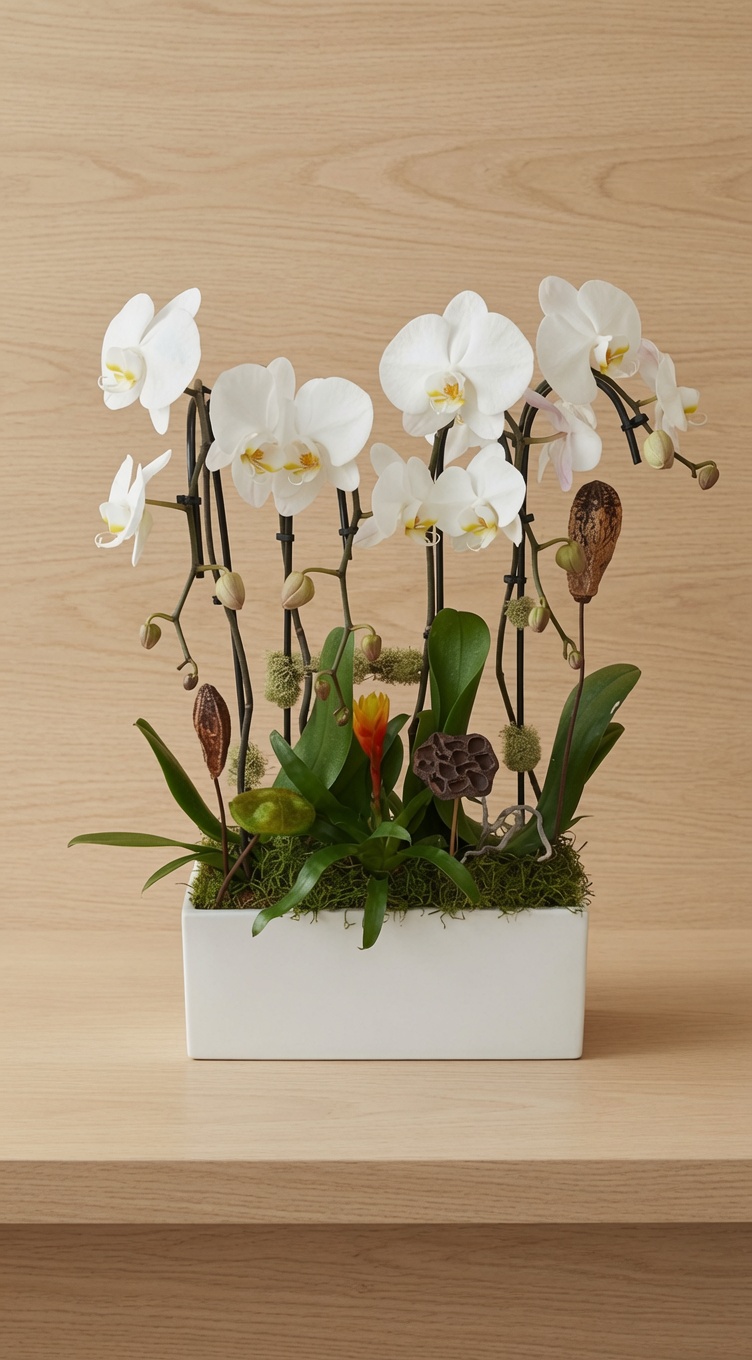White phalaenopsis in a rectangular trough planter, wood-panel studio
